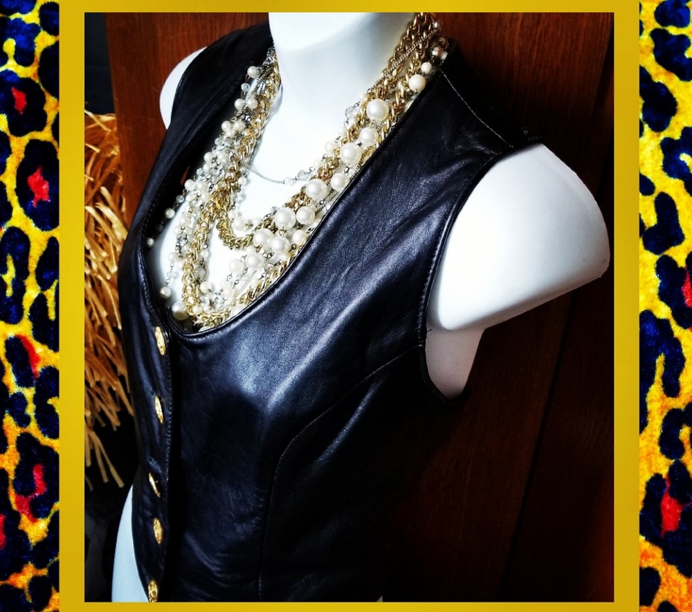 Firenze Black leather vest w/ gold ornate buttons